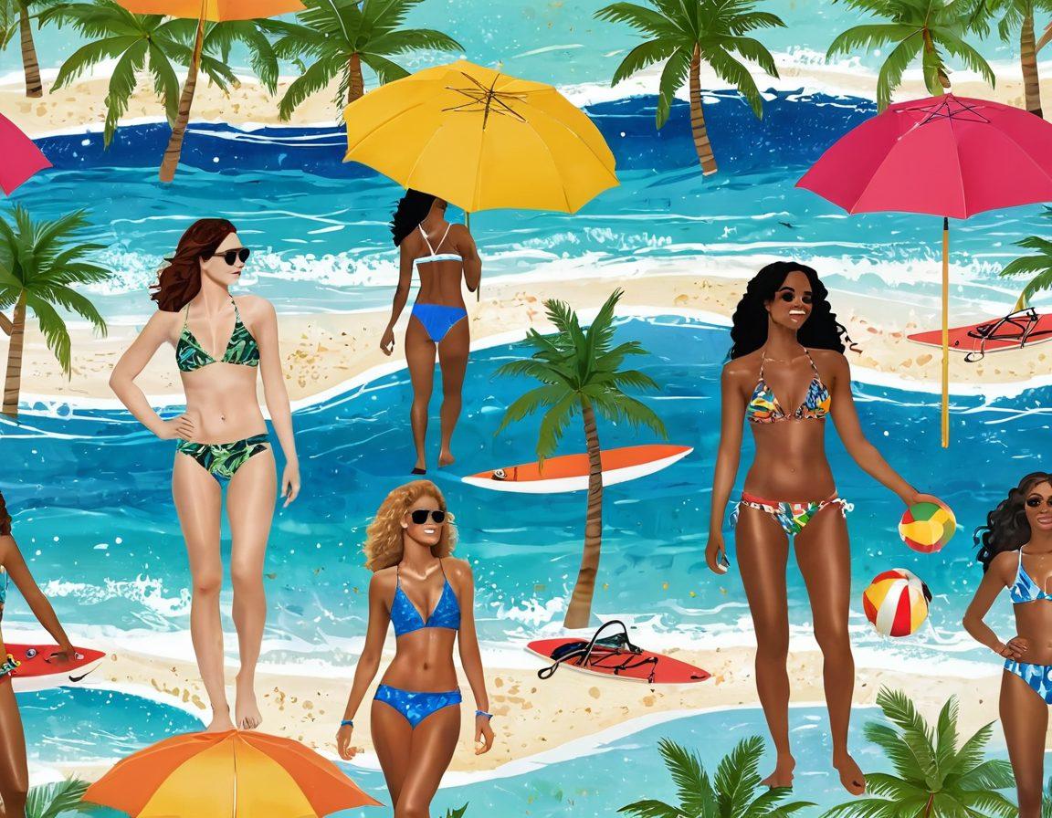 A vibrant beach scene showcasing a diverse group of adventurers wearing trendy swimwear, enjoying activities like surfing and beach volleyball. The background features a sparkling ocean and sunny skies, with colorful beach umbrellas and palm trees. The swimwear styles range from bold patterns to chic designs, emphasizing fashion and function. Include elements like surfboards and beach towels to enhance the outdoor adventure vibe. bright colors. super-realistic. 3D.